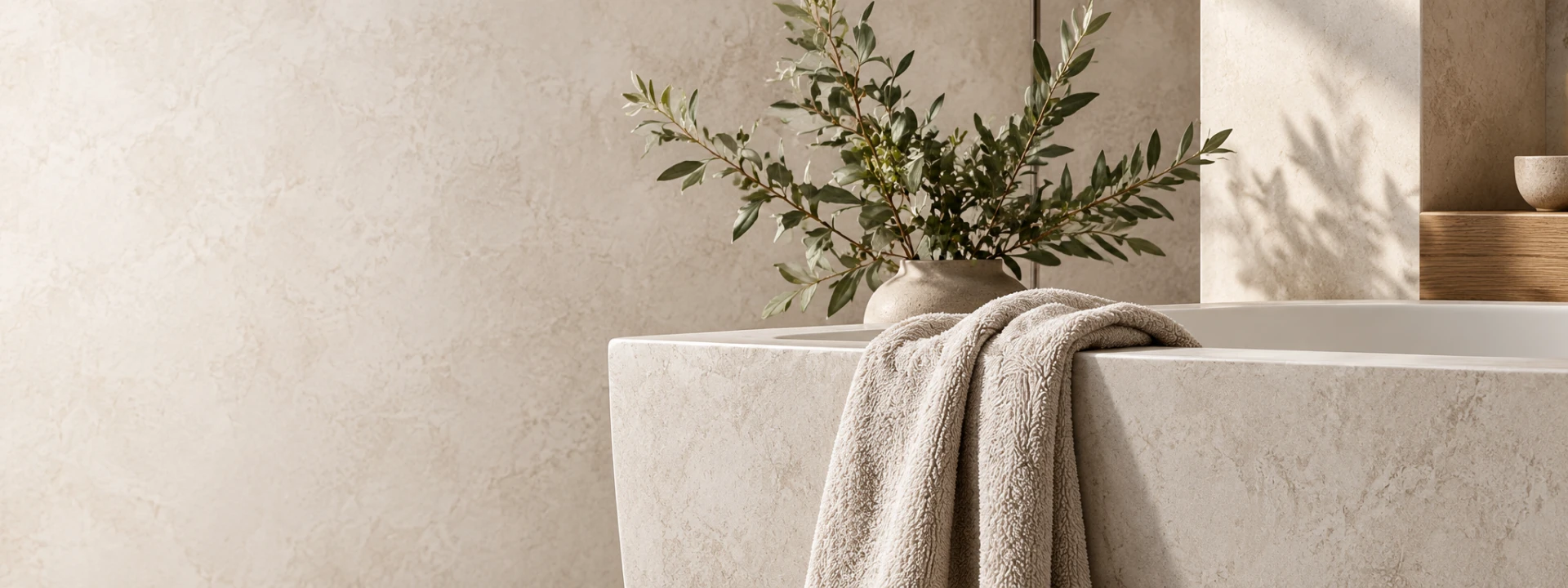 Light-filled stone bathroom with a sculptural bath and natural foliage