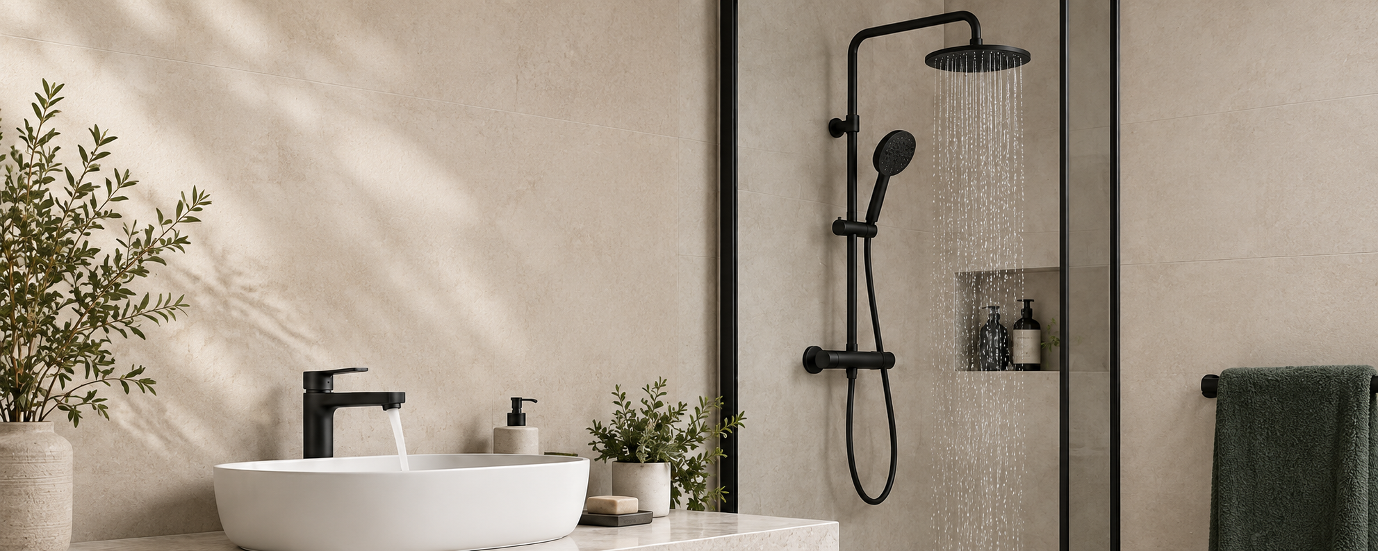 Contemporary bathroom with matt black taps and shower